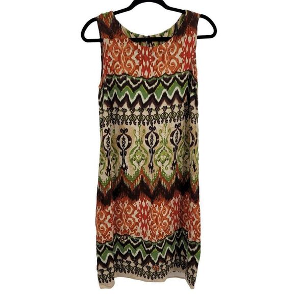 Vtg R&K Dress Boho Tribal Sleeveless Shift Tea Length Warm Neutrals Beaded Sz 8 - Picture 7 of 13
